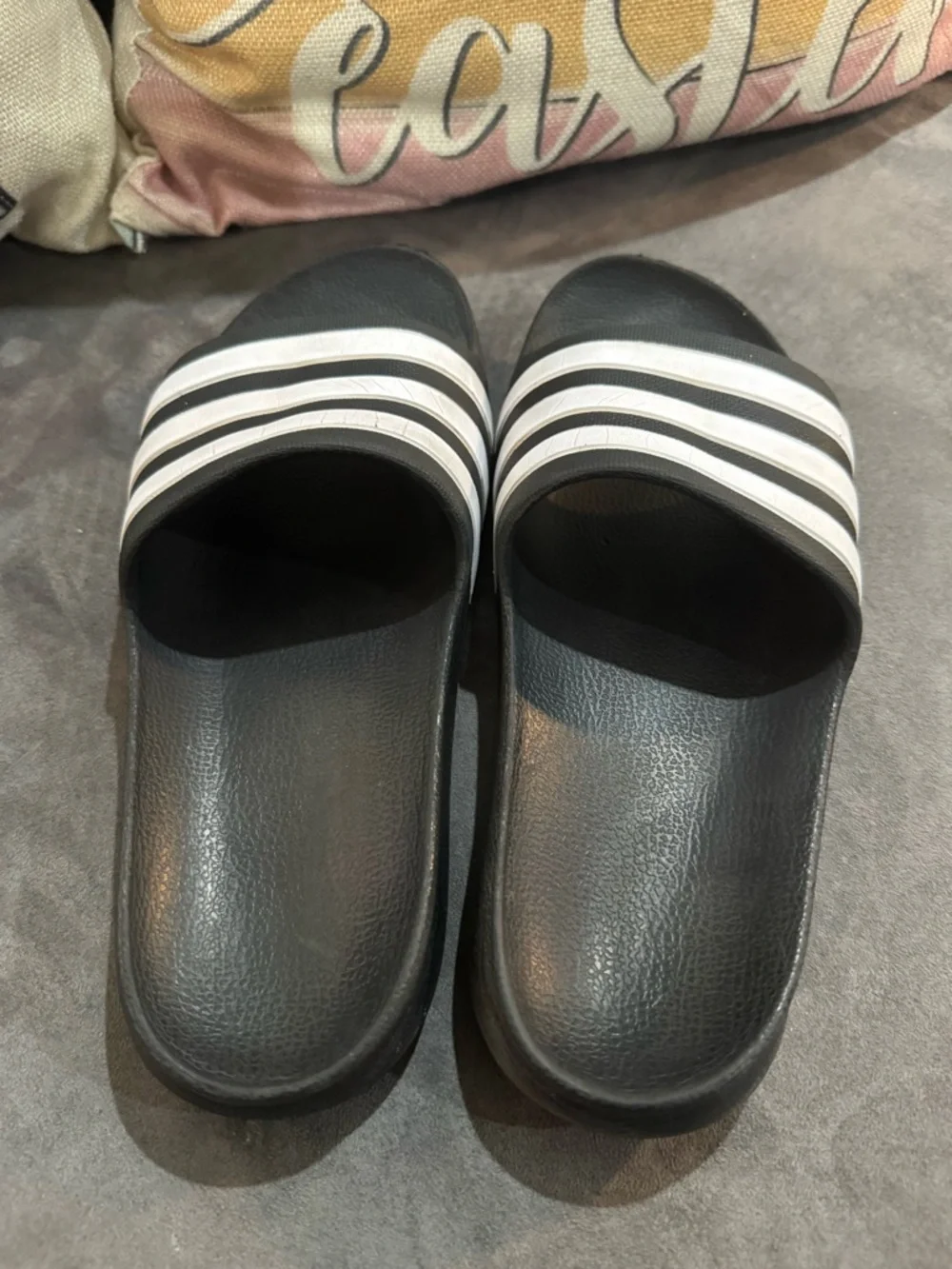 adidas Adilette Aqua Black Slide Sandals with White Stripe Accents - Picture 4 of 7